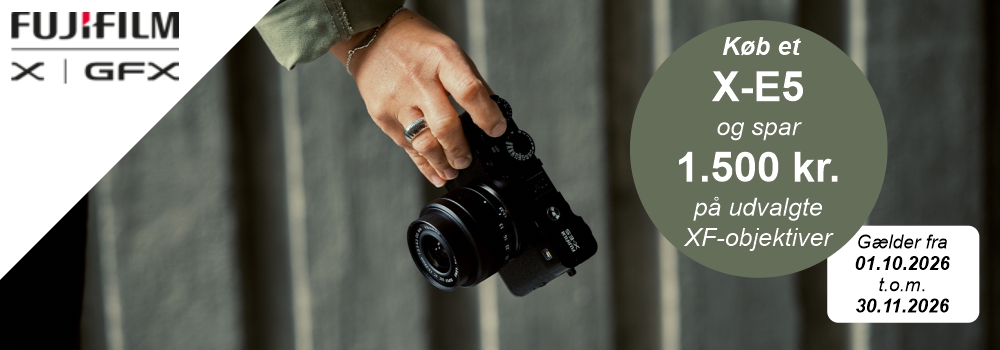Fujfilm X-E5 kampagne. Spar 1.500 kr. på udvalgte XF-objektiver ved køb af X-E5 body eller kit.
